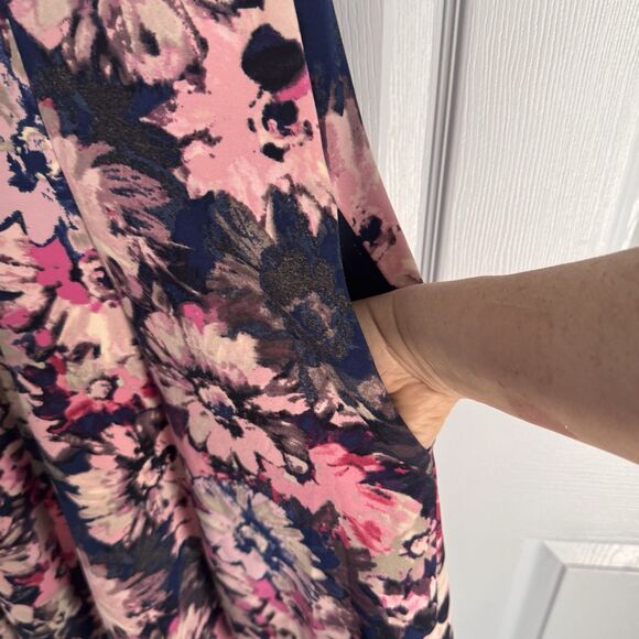 Taylor Woman Size 20W Pink Navy Floral Fit & Flare Dress Pockets Stretch - Picture 7 of 8
